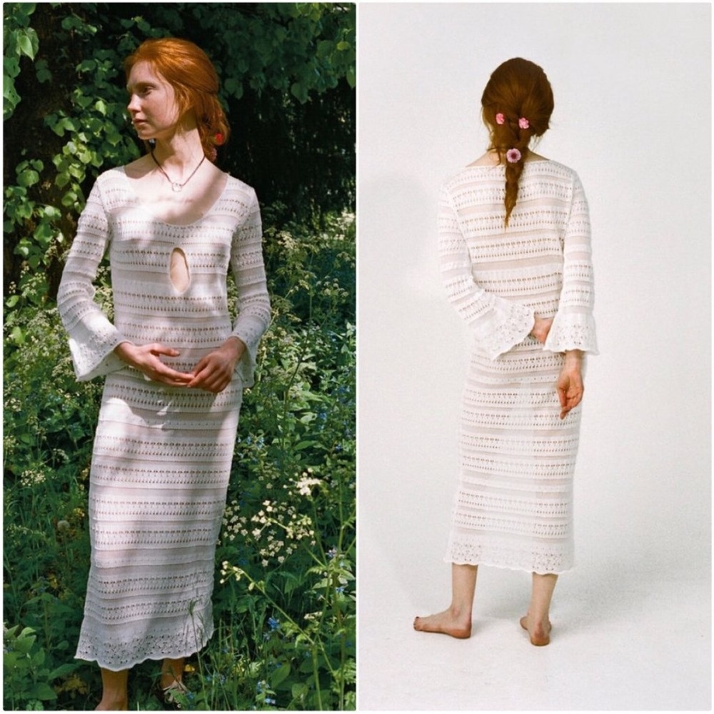 Gimaguas White Brigitte Key Hole Crochet Sheer Long Bell Sleeve Midi Dress M